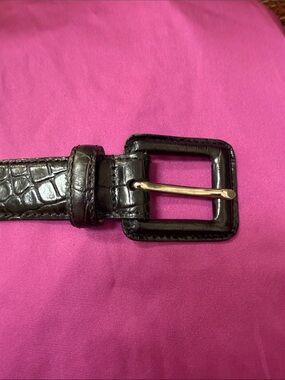 Talbots Black Croc-Embossed Leather Belt with Gold Buckle